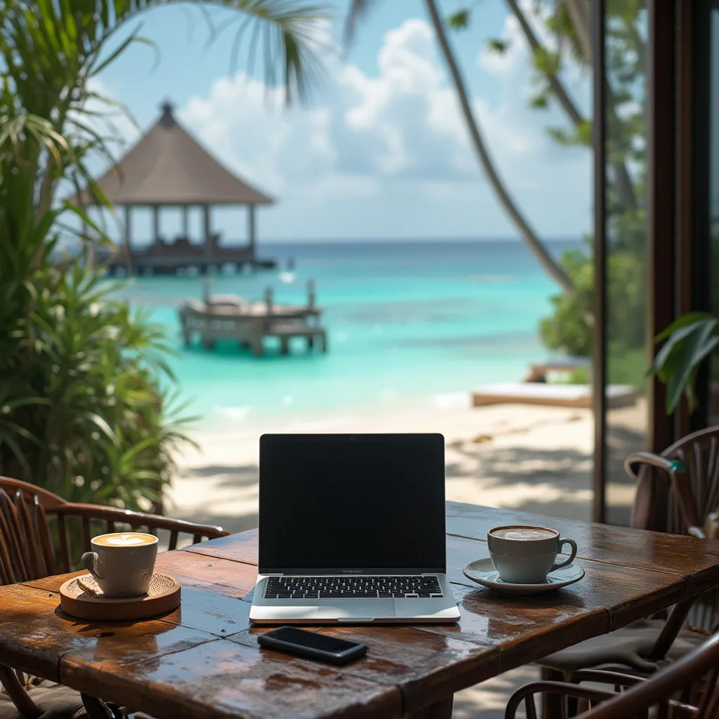 Digital nomad workspace with laptop and coffee